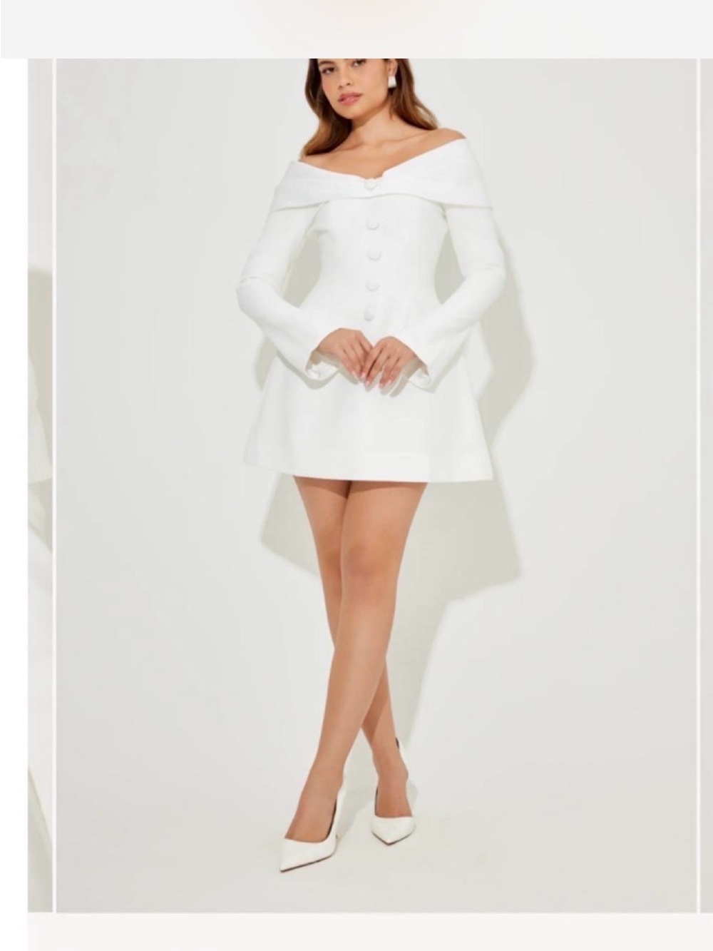 Odd Muse White Off-Shoulder Mini Dress with Button Front